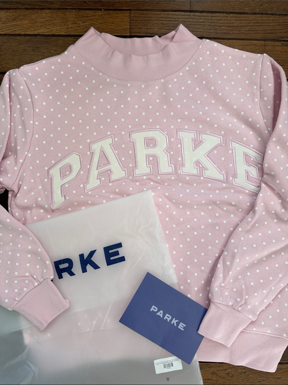Parke Sprinke Pink White Polka Dot Varsity Heritage Mockneck Size S/M NWT